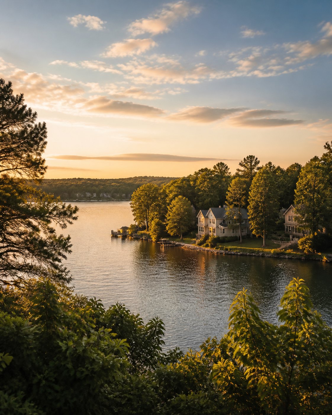 A warm sunset over a tree-lined lake community in the Greater Charlotte region