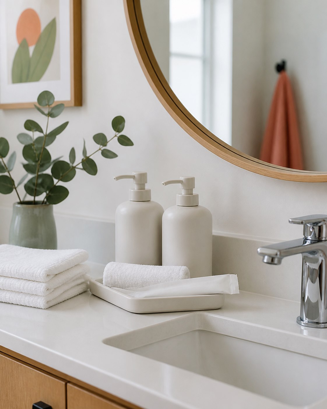 A spotless guest bathroom vanity with fresh towels and thoughtfully arranged amenities