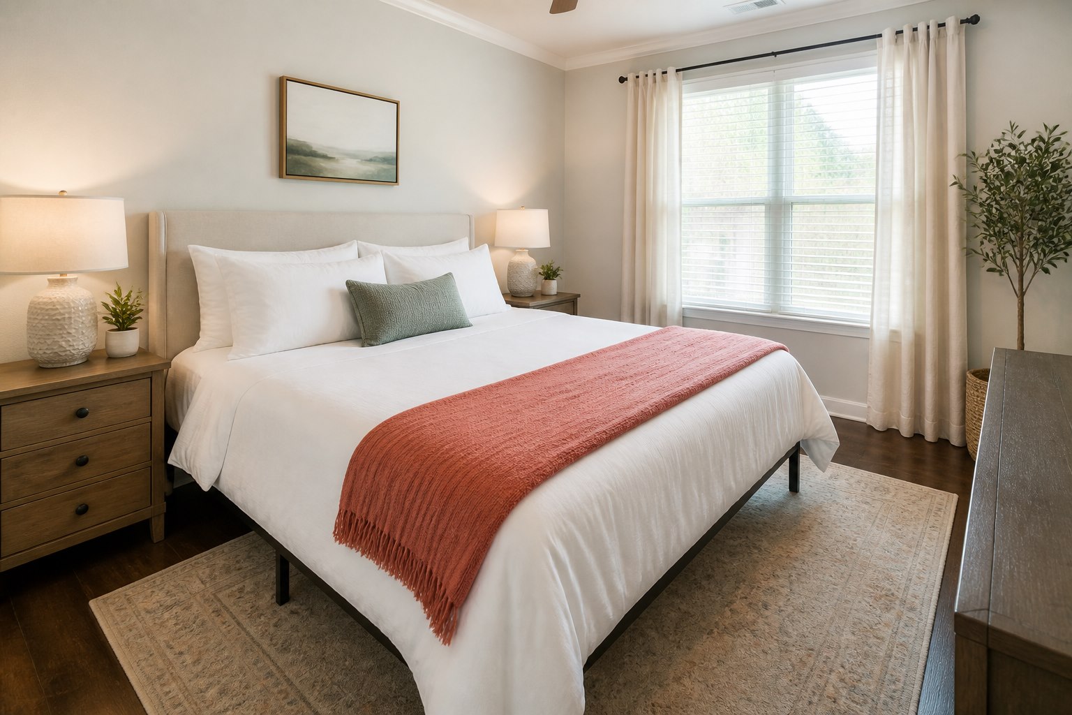 A bright, freshly prepared short-term rental bedroom with crisp linens
