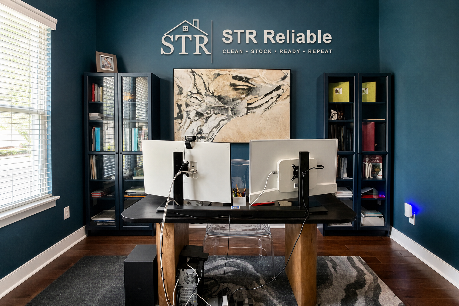 STR Reliable home office with the company logo, connected workstations, and organized business records