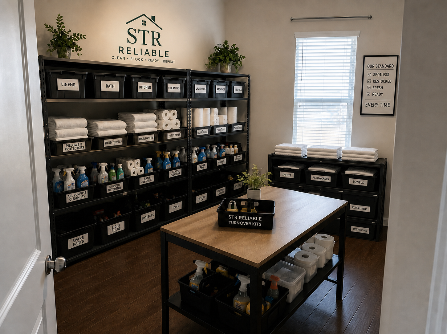 Organized STR Reliable supply room with labeled linens, amenities, cleaning products, and turnover kits